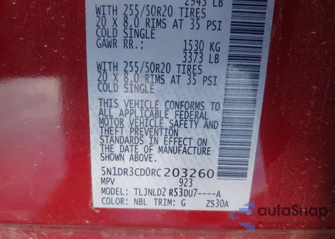 2024 Nissan Pathfinder Sl 4Wd z USA, uszkodzony, nr VIN 5N1DR3CD0RC203260